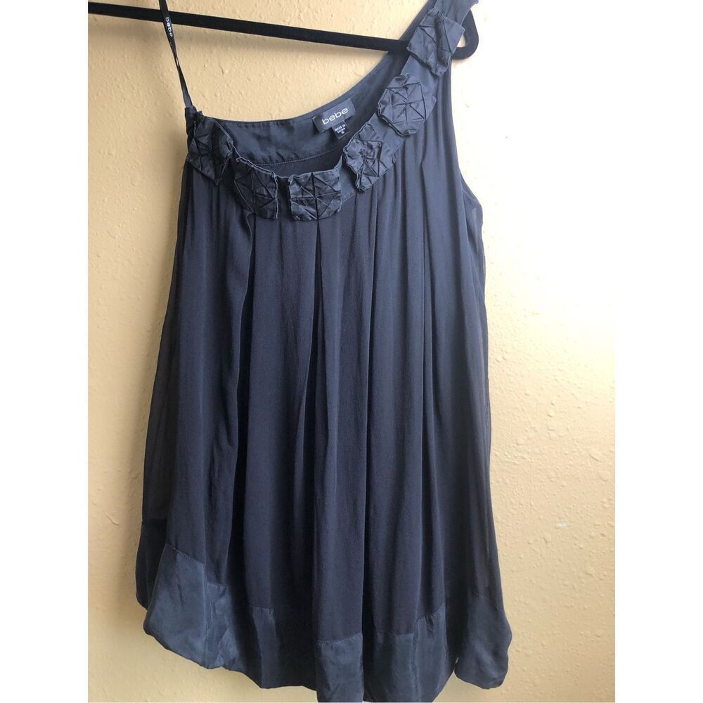 Bebe Black Silk One Shoulder Dress Embellished Neck Size S - Picture 2 of 11